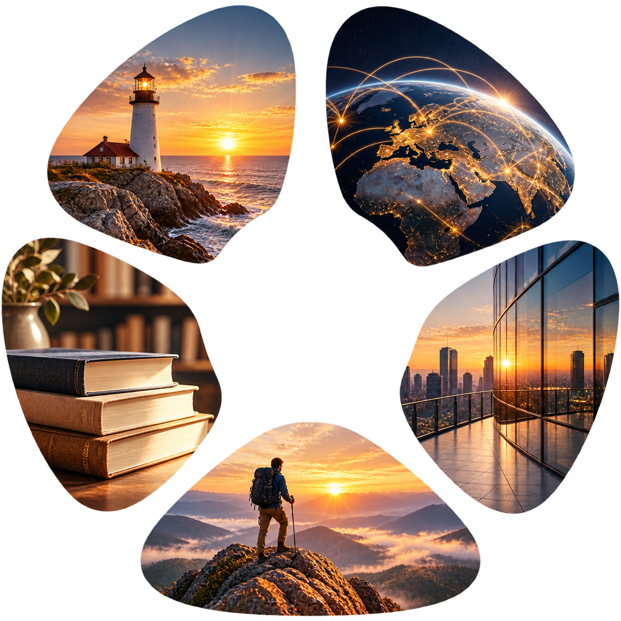 Five photographic petals: lighthouse, connected globe, books, glass architecture and a mountain explorer
