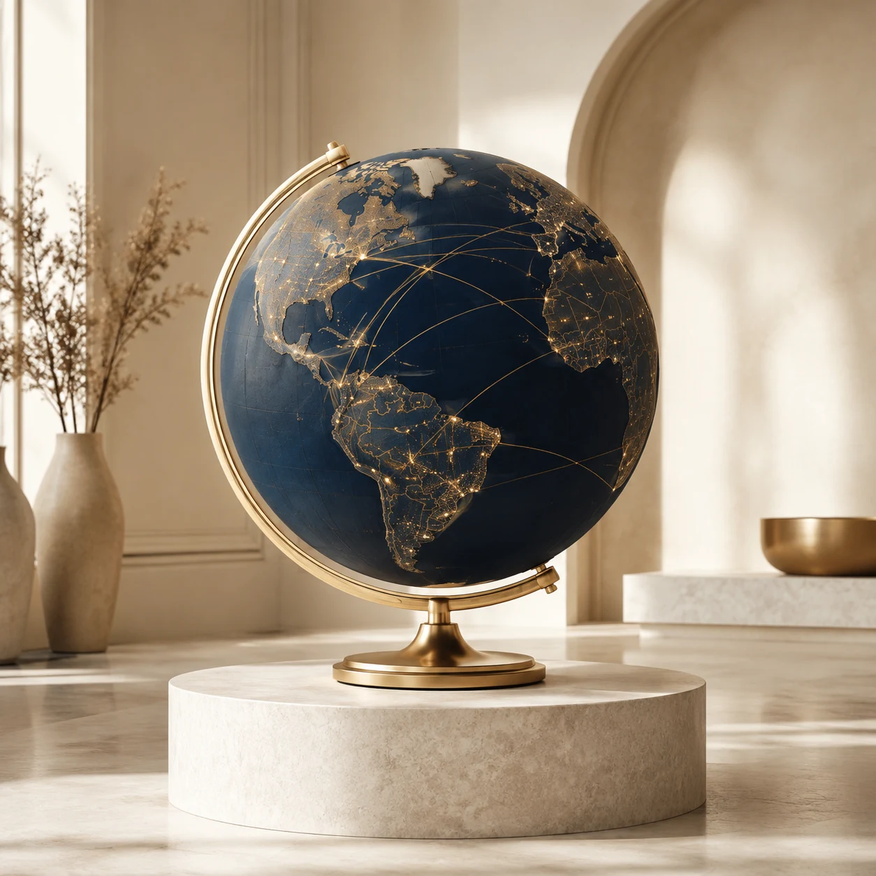 Dark globe with gold global connection lines