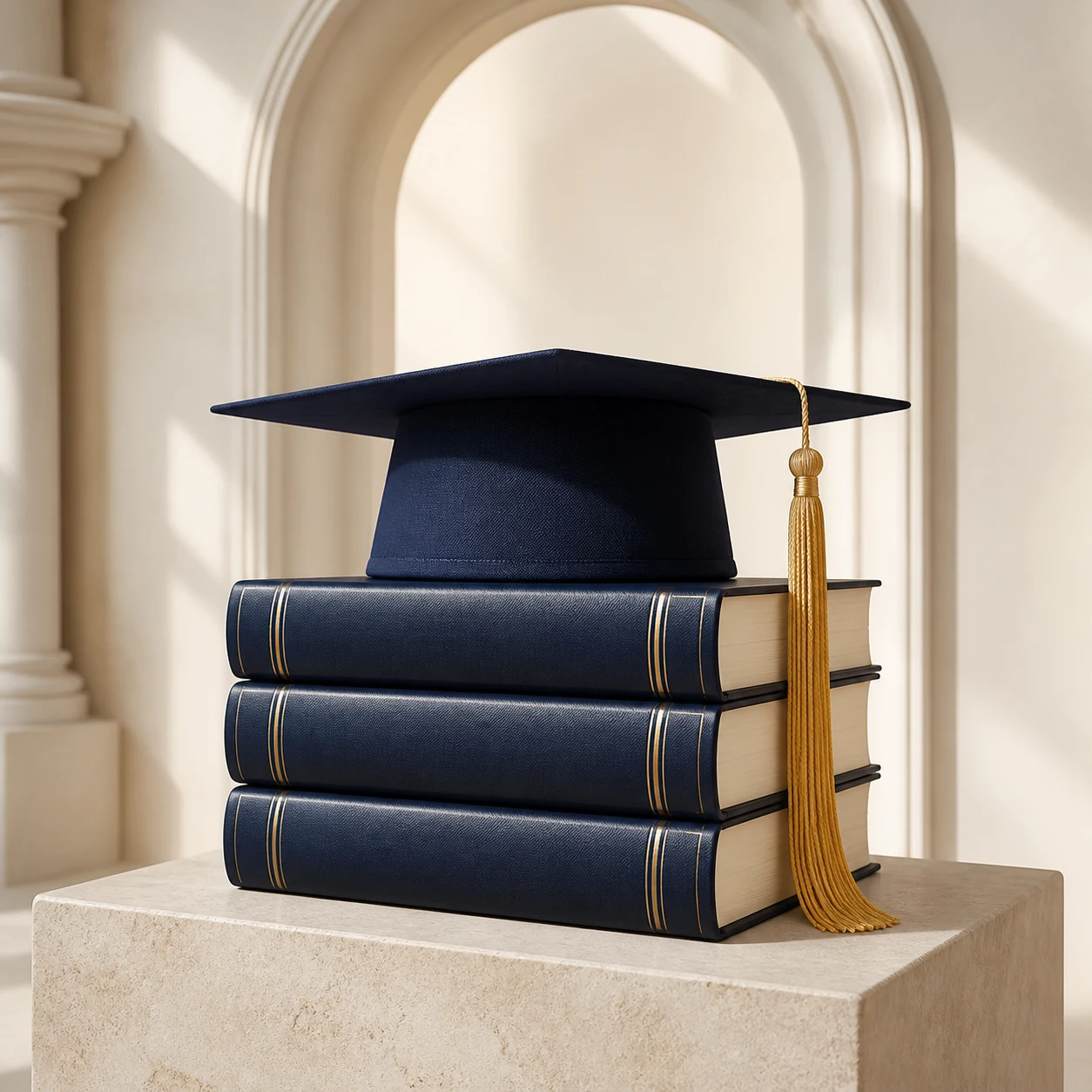 Navy books and graduation cap with gold trim